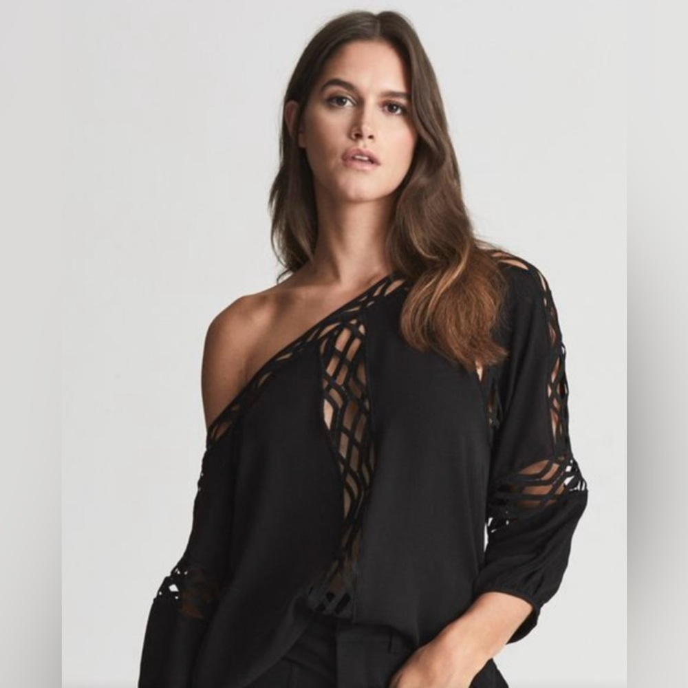 Reiss Leena Drape Black Blouse Lace Off Shoulder Boho - NWOT Size 4